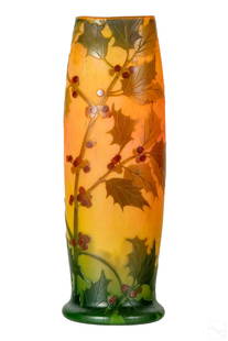 Legras French Cameo Art Glass Holly Berries Vase: A Legras French 20th century Art Deco style glass vase having gradient fade from green to orange with satin finish. Features a cameo art glass of holly, green leaves and red berries. Relief signature