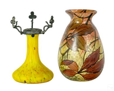 Legras French Art Glass Object d'art Vase 2pc LOT: An estate collection of two pieces of Legras French art glass. Includes: one (1) Art Nouveau glass boudoir lamp base crafted in yellow with striated lines, and metal mounts for shade (shade not