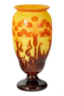 Le Verre Francais Art Deco Cameo Art Glass Vase: Le Verre Francais 20th century French Art Deco style art glass vase. Featuring yellow satin finish ground with cameo relief of yucca and flowers having natural organic hues with color gradient fade