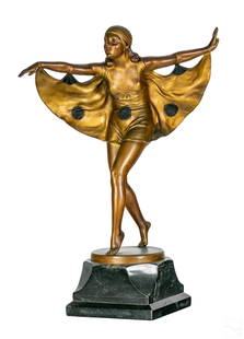 Otto Poertzel 1876-1963 Art Deco Bronze Sculpture: Otto Poertzel (German, 1876-1963). A bronze Art Deco cold painted statue. A figural work titled, "Bat Dancer". Dates to approximately 1930. Costume is made to simulate bat wings. Gold gilt and black a