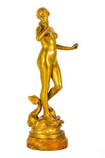 Eugene Deplechin 1852-1926 French Bronze Sculpture: Eugene Deplechin (French, 1852-1926). A cast bronze statue with rich dore gold finish. Titled, "Amphitrite," a female nude figure surmounting an old world style dolphin and waves. Presented on a