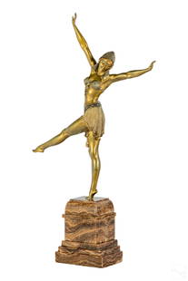 Demetre Chiparus 1886-1947 Dance of Palmyra Bronze: Demetre Chiparus (Romanian, 1886-1947). Denseuse de Palmyra (Dancer of Palmyra). Modeled as an Art Deco Jazz Age flapper dancer in period costume. Fine gold and toned gold finish. Surmounting an