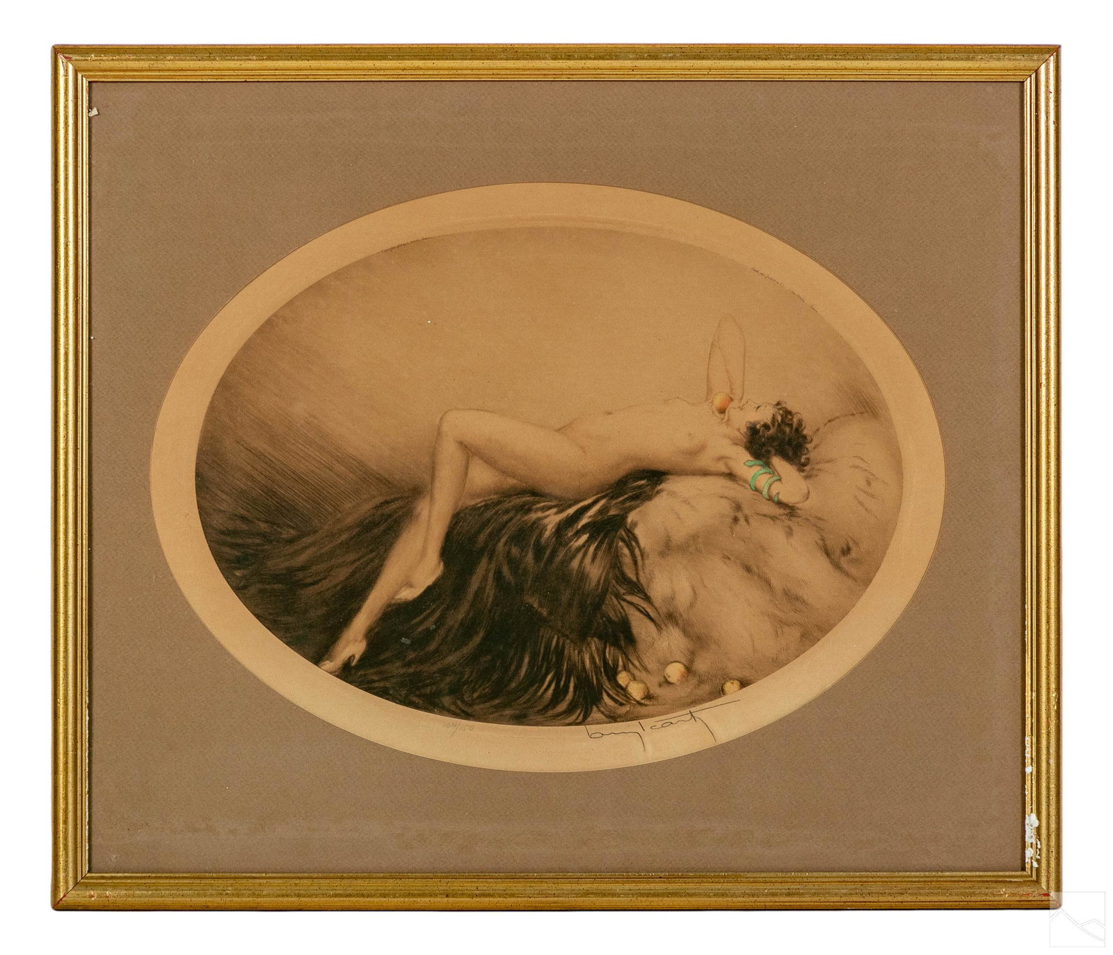 Louis Icart 1888-1950 Figural Nude Etching SIGNED: Louis Icart (French, 1888-1950). A colored etching on paper. A figural Art Deco work with a reclining nude female figure, wearing a stylized serpent arm bracelet, and lounging on a couch with peaches.