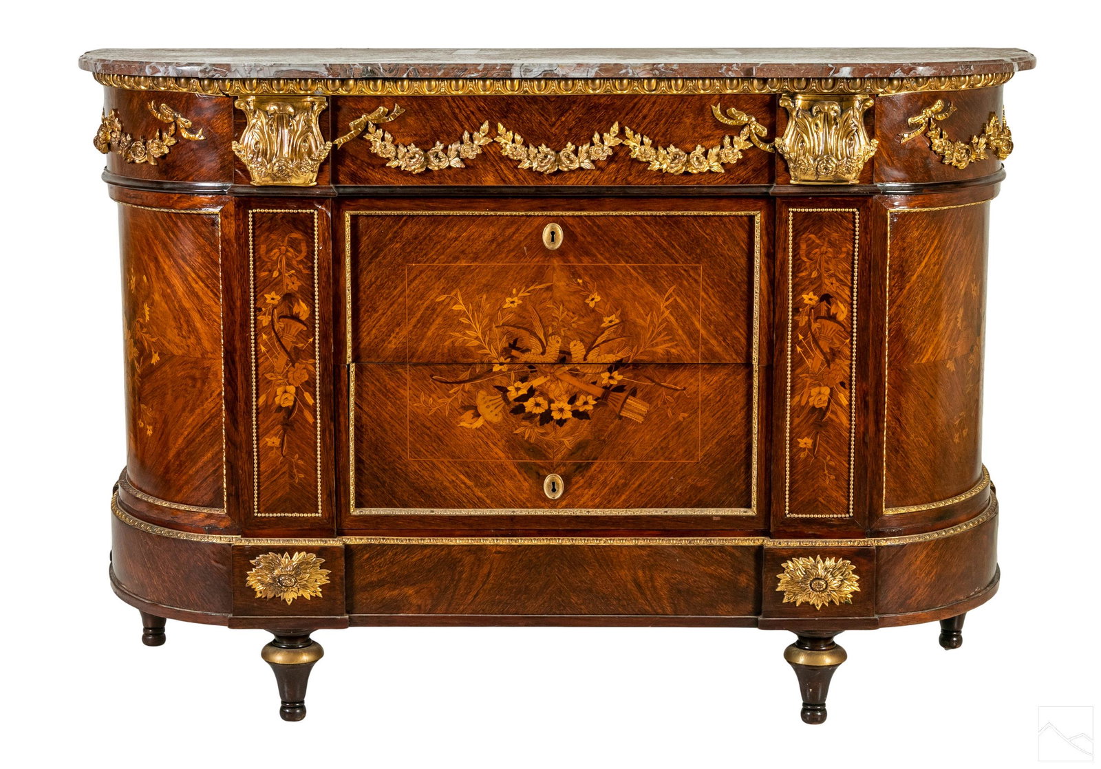 Louis XVI French Inlaid Sideboard Chest of Drawers: A Louis XVI style sideboard. Inlaid exotic wood design of love birds resting on torches and flanked by floral sprays to front drawers. Accented with chevron type veneer. Curved sides with matching inl