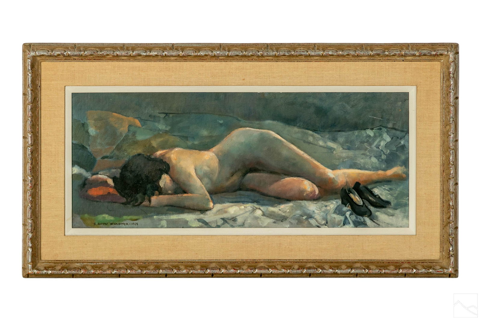 S Allyn Schaeffer b.1935 Female Nude Oil Painting: Stanley Allyn Schaeffer (American, born 1935). Original oil painting on board. A figural work featuring a female nude figure in repose with her high heel shoes off. Letter of appreciation from the art