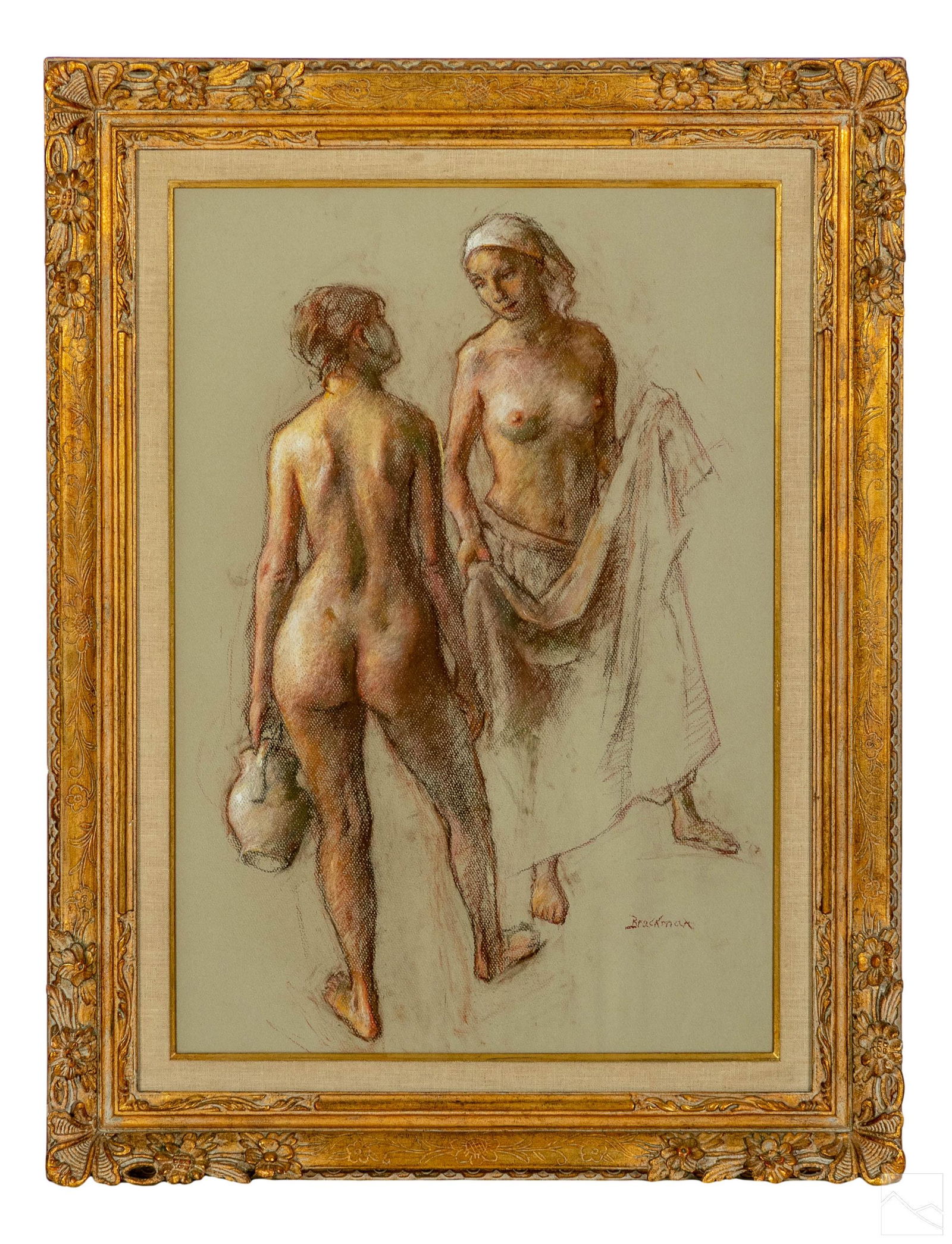 Robert Brackman 1898-1980 Female Nude Drawing: Robert Brackman (Russian American, 1898-1980). An original pastel on paper drawing. A figural work depicting two nude female figures on soft pastel colors. Artist signature lower right. Presented on a