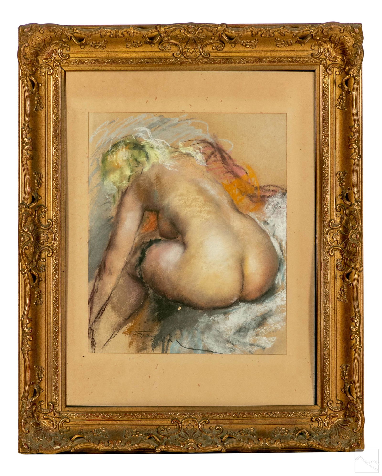 Pal Fried 1893-1976 Figural Nude Pastel Drawing: Pal Fried (Hungarian, 1893-1976). An original pastel drawing on paper. A figural female nude from behind. Artist signature on middle lower side. Retains old inscribed inventory label on verso. Present
