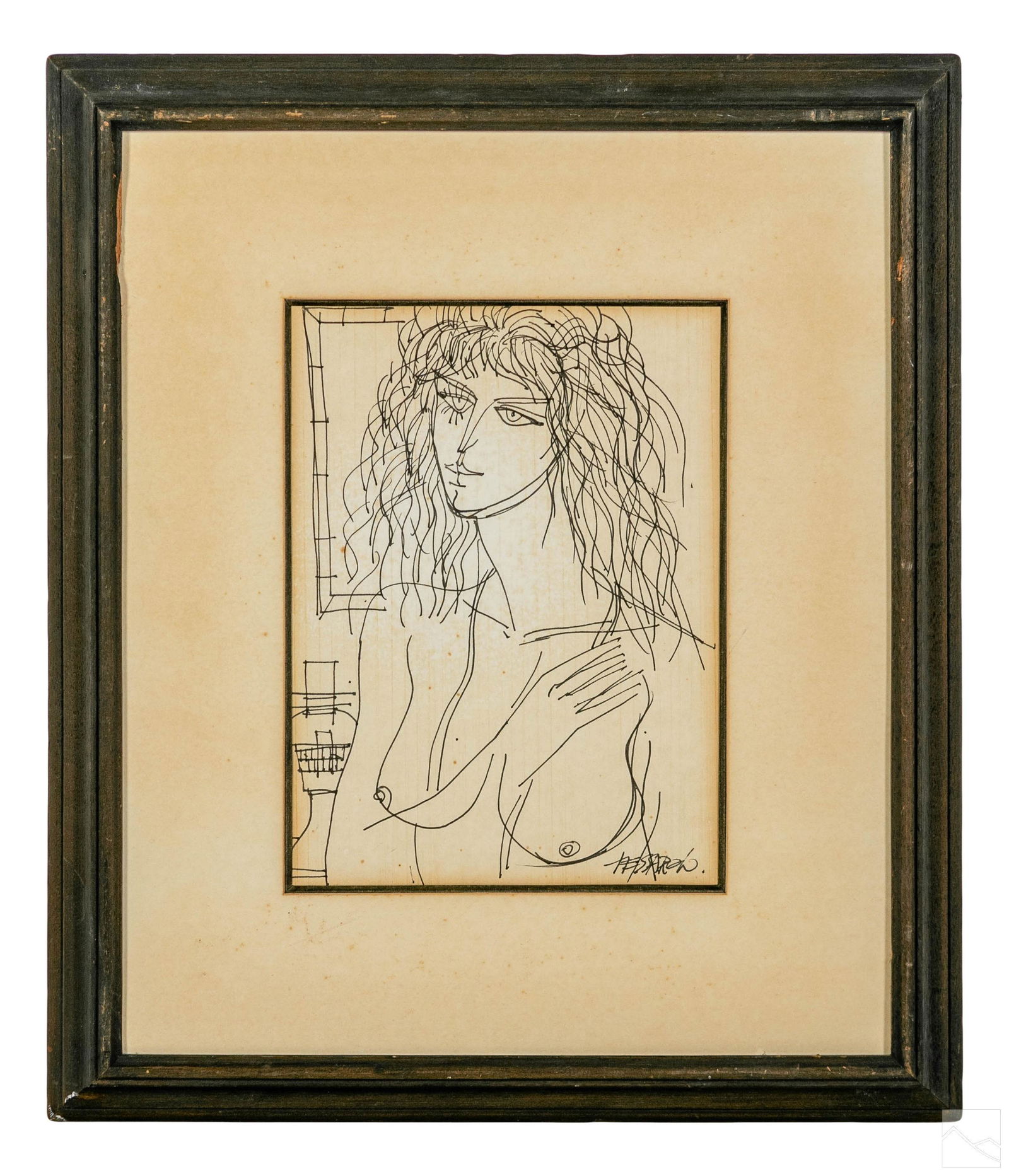 German Tessarolo b.1945 Figural Nude Pen Drawing: German Tessarolo (Italian Colombian, born 1945). An original marker pen drawing on paper. Features a female nude in the contemporary style. Artist signature on lower right. Presented on a wood frame a