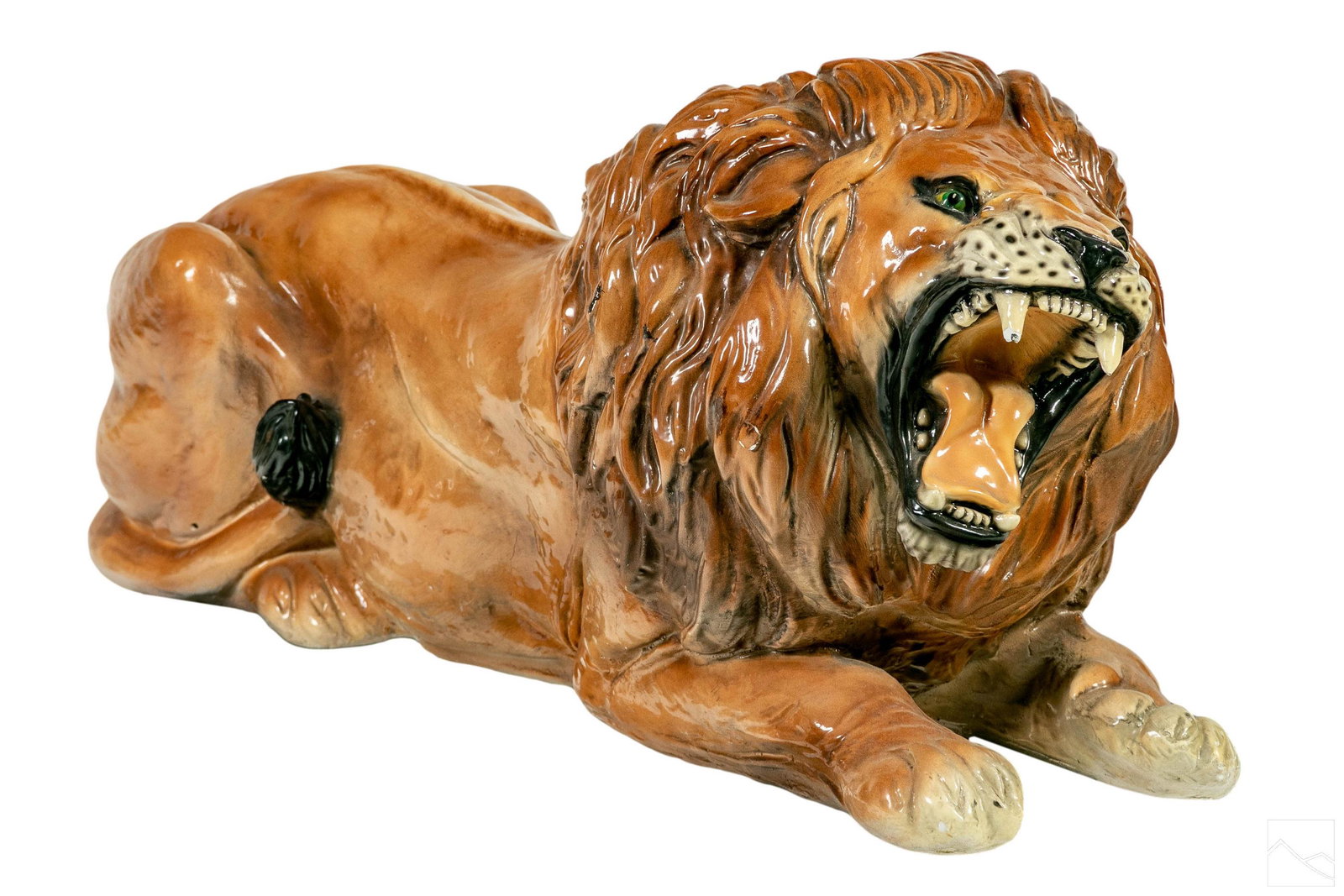 Italian Ceramic Art Pottery Jungle Lion Sculpture: Italian style ceramic big cat lion statue. Features a wild lion animal sculpture in a lying position hand decorated with realistic life-like details. No apparent signature. Dimensions: 19 X 36 X 12 in