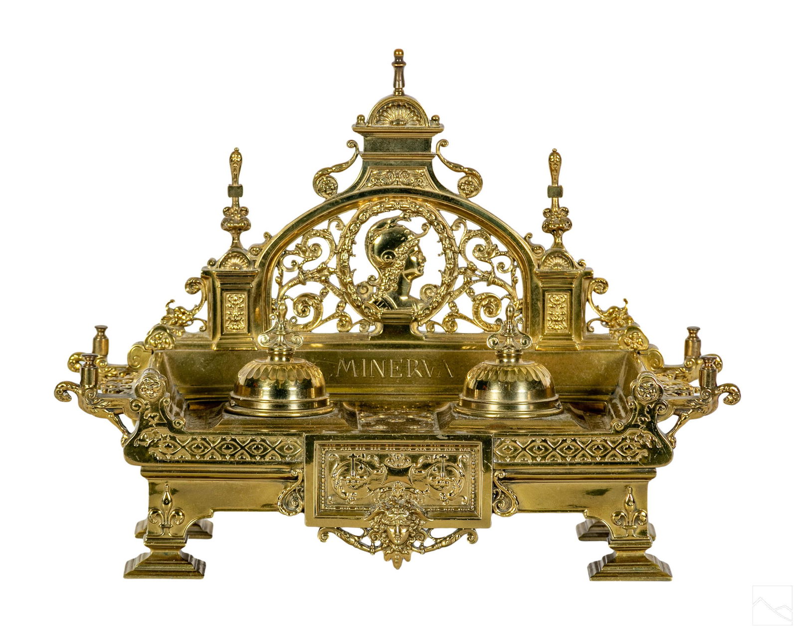 Victorian Minerva Antique Bronze Two Inkwell Stand (1 of 7)