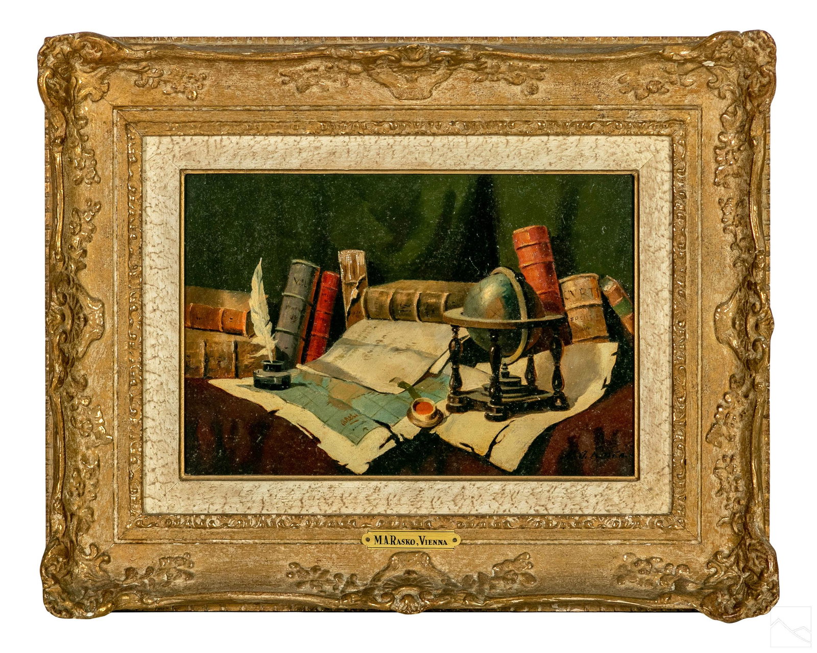 M.A Rasko 1883-1961 Trompe Still Life Oil Painting: Maximilian Rasko (Hungarian, 1883-1961). An original oil painting on board. A trompe l'oeil still life work depicting desktop objects. Signed in lower right. Brass identification plaque mounted to fra