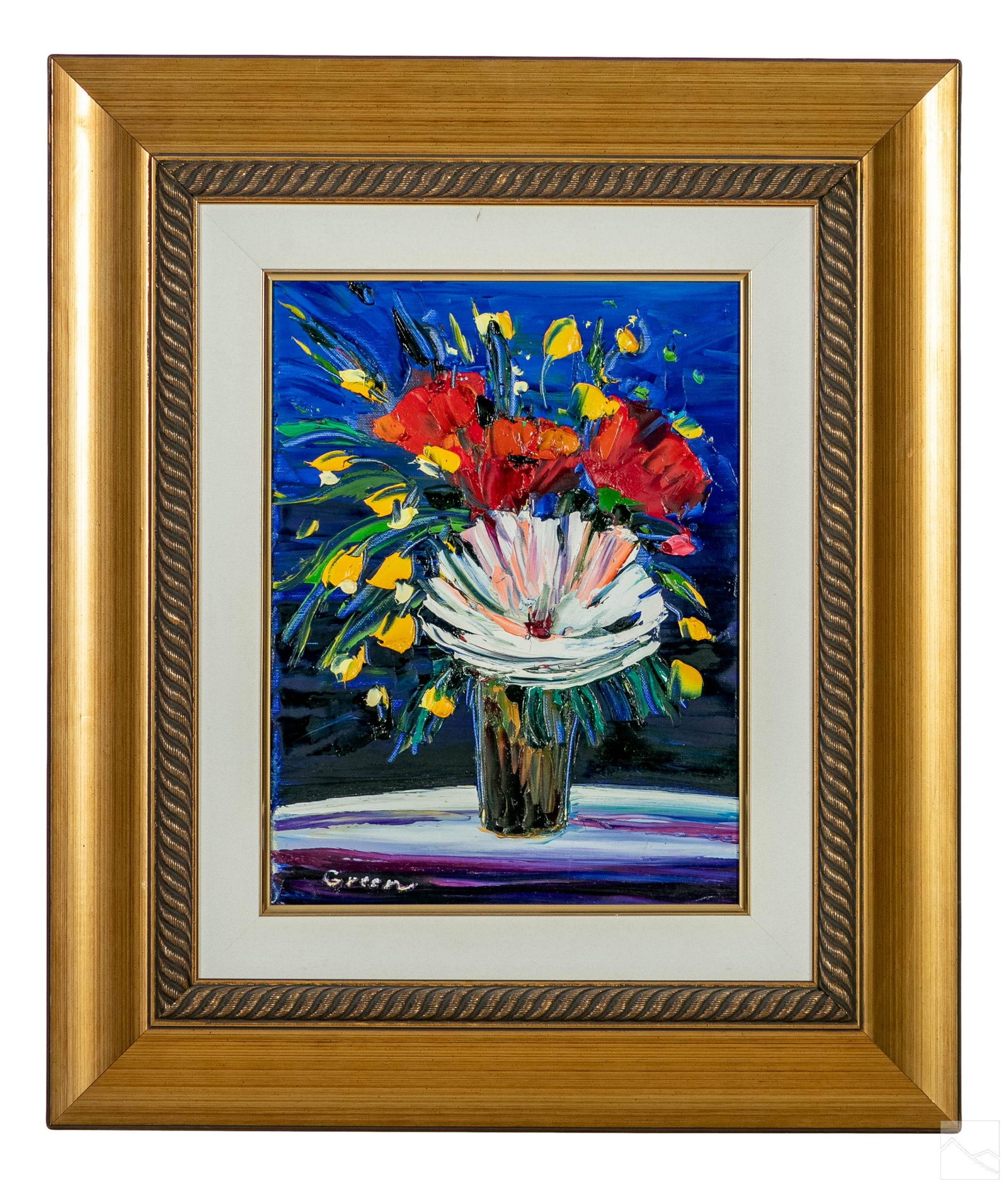 Maya Green b.1957 Modern Still Life Oil Painting: Maya Green (Ukrainian Israeli, born 1957). An original still life oil on canvas painting. Titled "With Love" depicts a contemporary floral still life in lively colors. Artist signature lower left. Hou