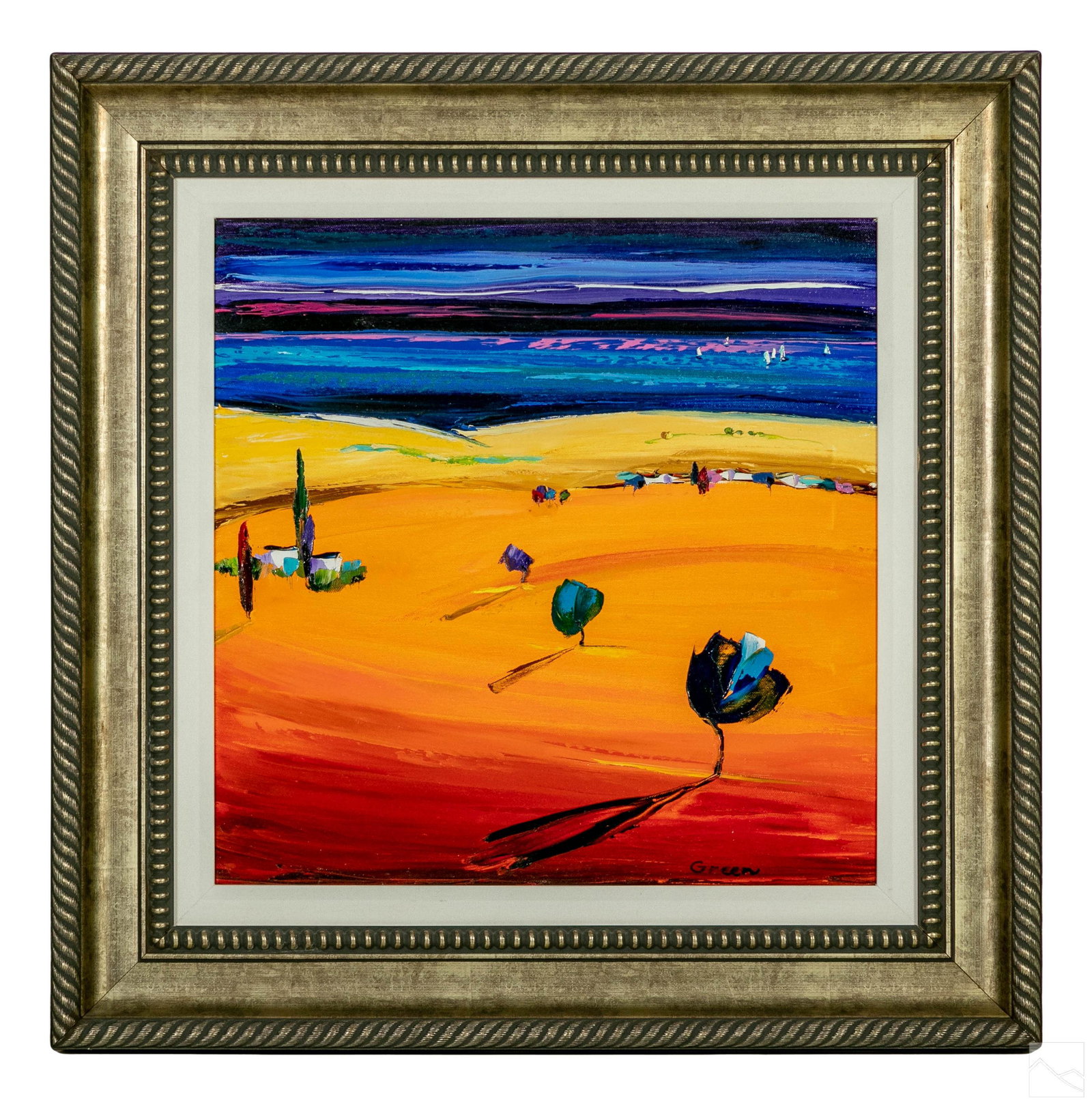 Maya Green b.1957 Modern Landscape Oil Painting: Maya Green (Ukrainian Israeli, born 1957). An original oil on canvas painting. Titled "Magenta Sky depicts a colorful landscape with gorgeous blue sky. Artist signature lower right. Housed in a silver