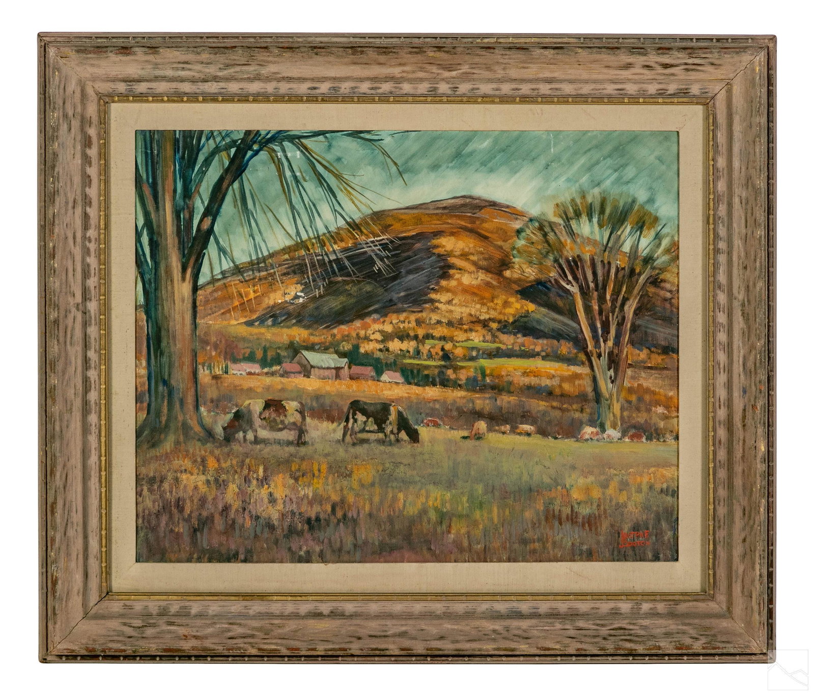 Joseph F. Booton 1897-1983 Farm Landscape Painting: Joseph Booton (American, 1897-1983). An original painting on canvas laid down on board. Titled "Dorset Peak," depicting cows in a pasture against backdrop of hills, trees and architectural elements. A