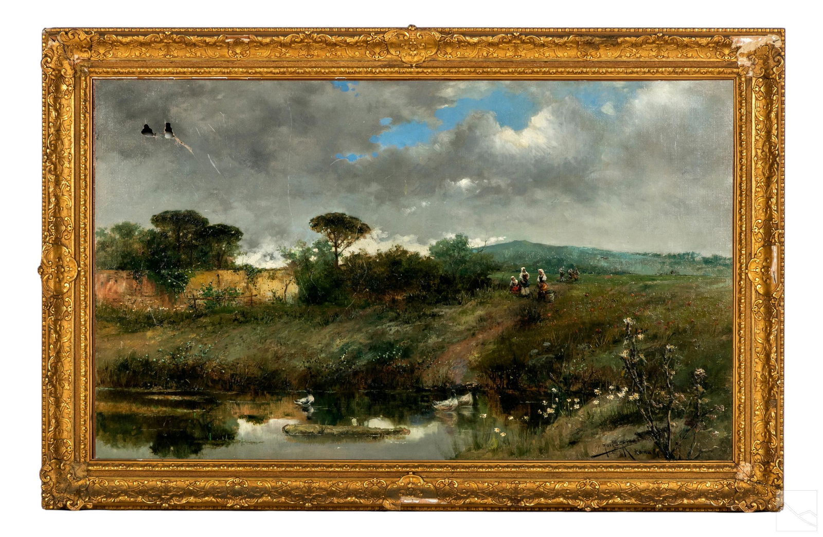 19C Italian Antique Figural Landscape Oil Painting: Mystery Artist (Italian, 19th Century). An original oil painting on canvas. A figural landscape with a large farmstead, water, birds, trees, flora, and human figures, under a darkening sky. Artist sig