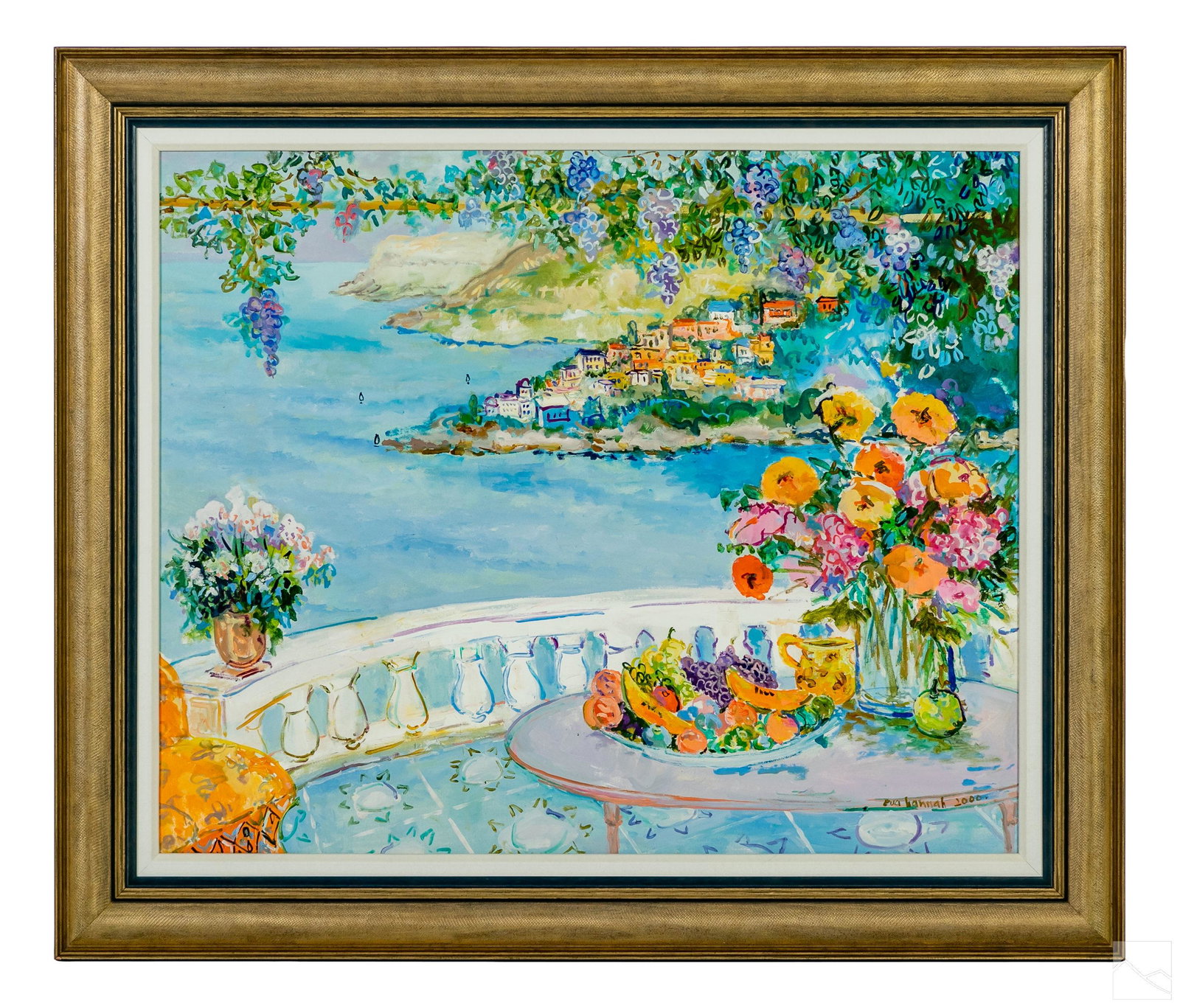 Eva Hannah 1942-2021 Coast Landscape Oil Painting: Eva Hannah (Dutch Australian 1942-2021). An original oil painting on canvas. Titled, "Village By The Sea." A colorful landscape with a balcony overlooking a large body of water, with architectural ele