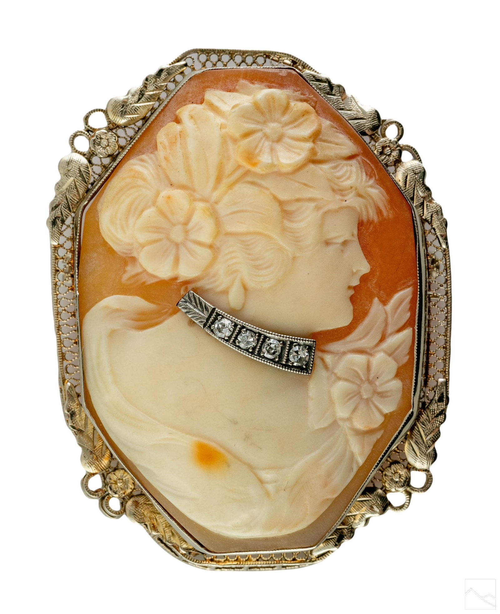 14K White Gold Edwardian Diamond Cameo Brooch Pin (1 of 6)