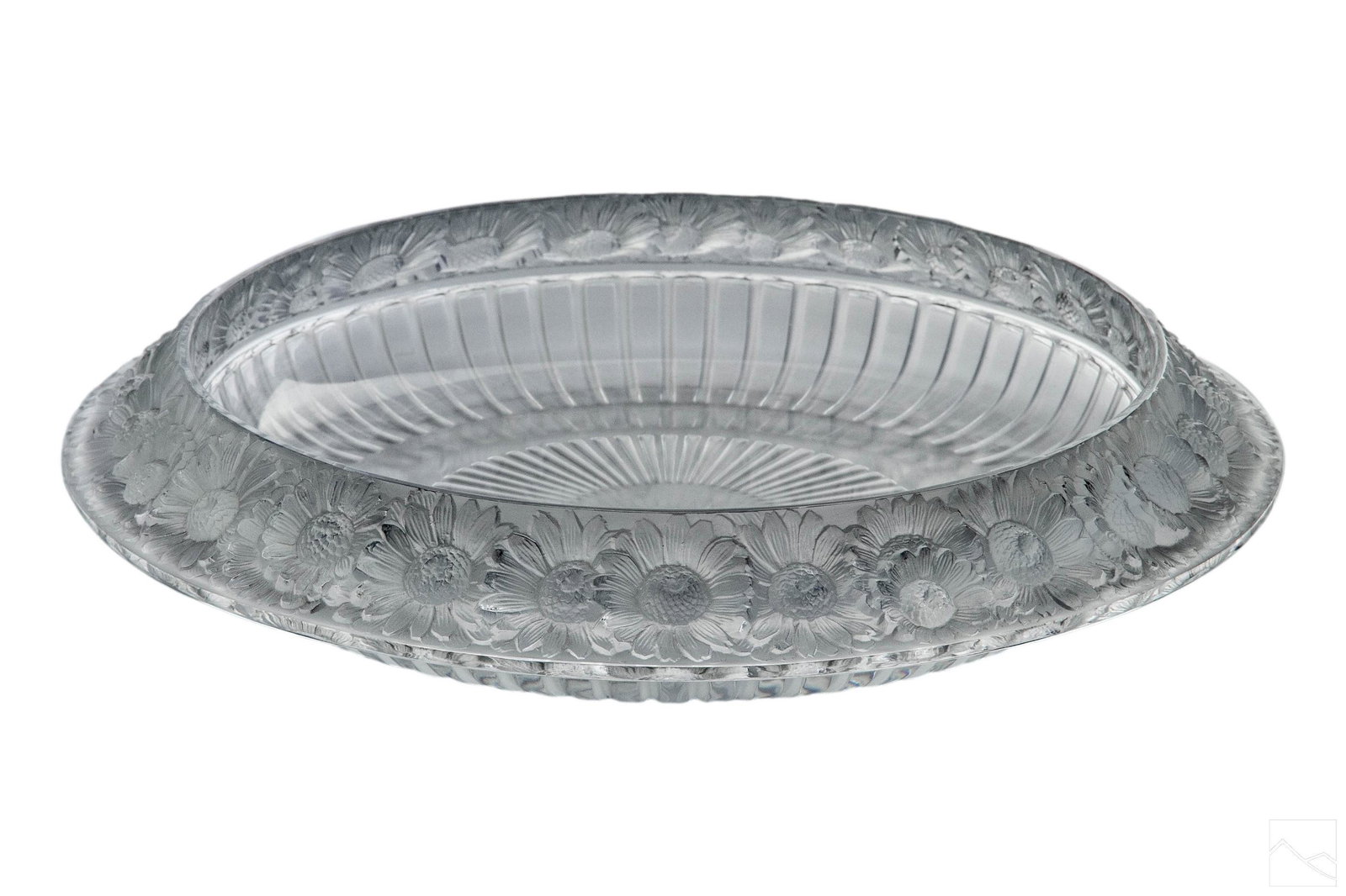 Lalique French Crystal MARGUERITES Centerpiece: A Lalique centerpiece bowl in the Marguerites pattern. Crafted of fine quality French art glass crystal. Art deco stylized floral daisy border with frosted and polished finish. Signed in center base L