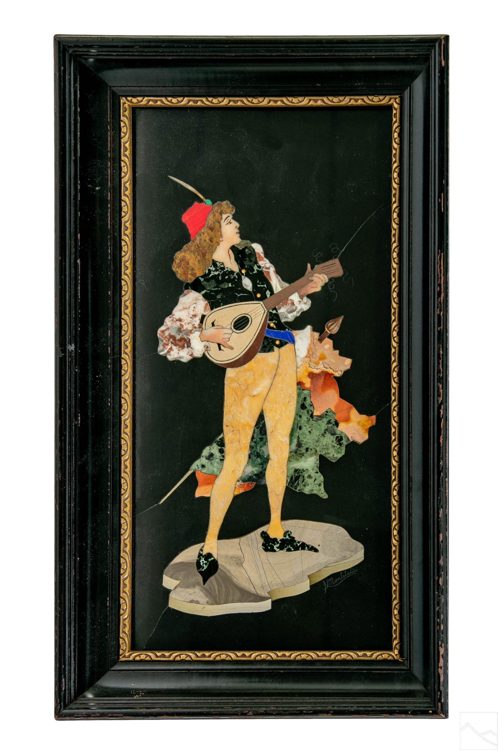 G Montelatici 1864-1930 Pietra Dura Figural Mosaic: Giovanni Montelatici (Italian, 1864-1930). A pietra dura stone mosaic. A figural work depicting a strolling Renaissance style lute player musician in period costume. Inlaid hardstone and semiprecious 