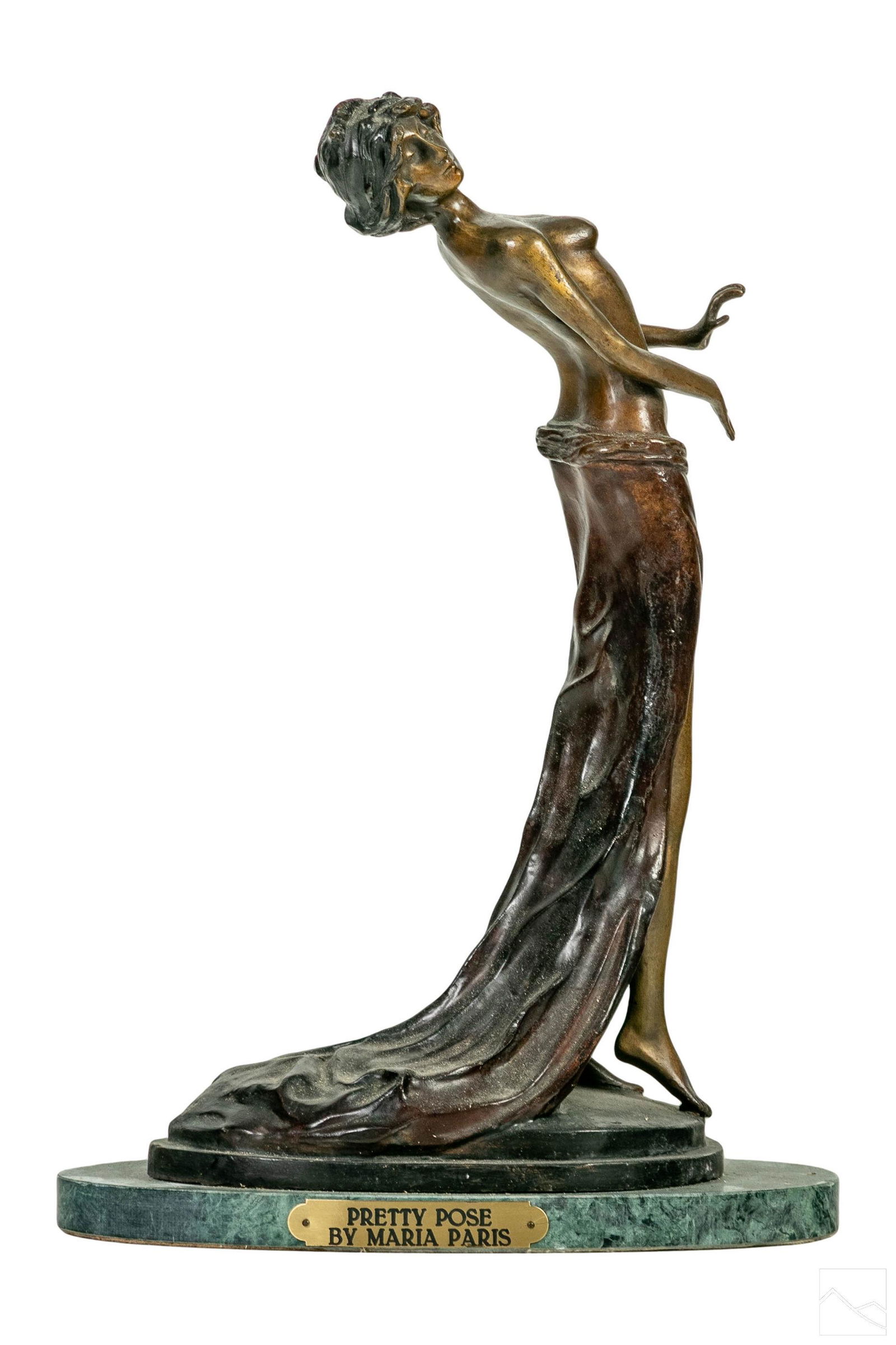Maria Paris 20C. Art Deco Style Nude Bronze Statue: Maria Paris (Costa Rican, born 1961). A modern bronze sculpture on marble base. A sensual female figure modeled in long flowing gown, evoking the playful spirit of Art Deco sculptors including Chiparu