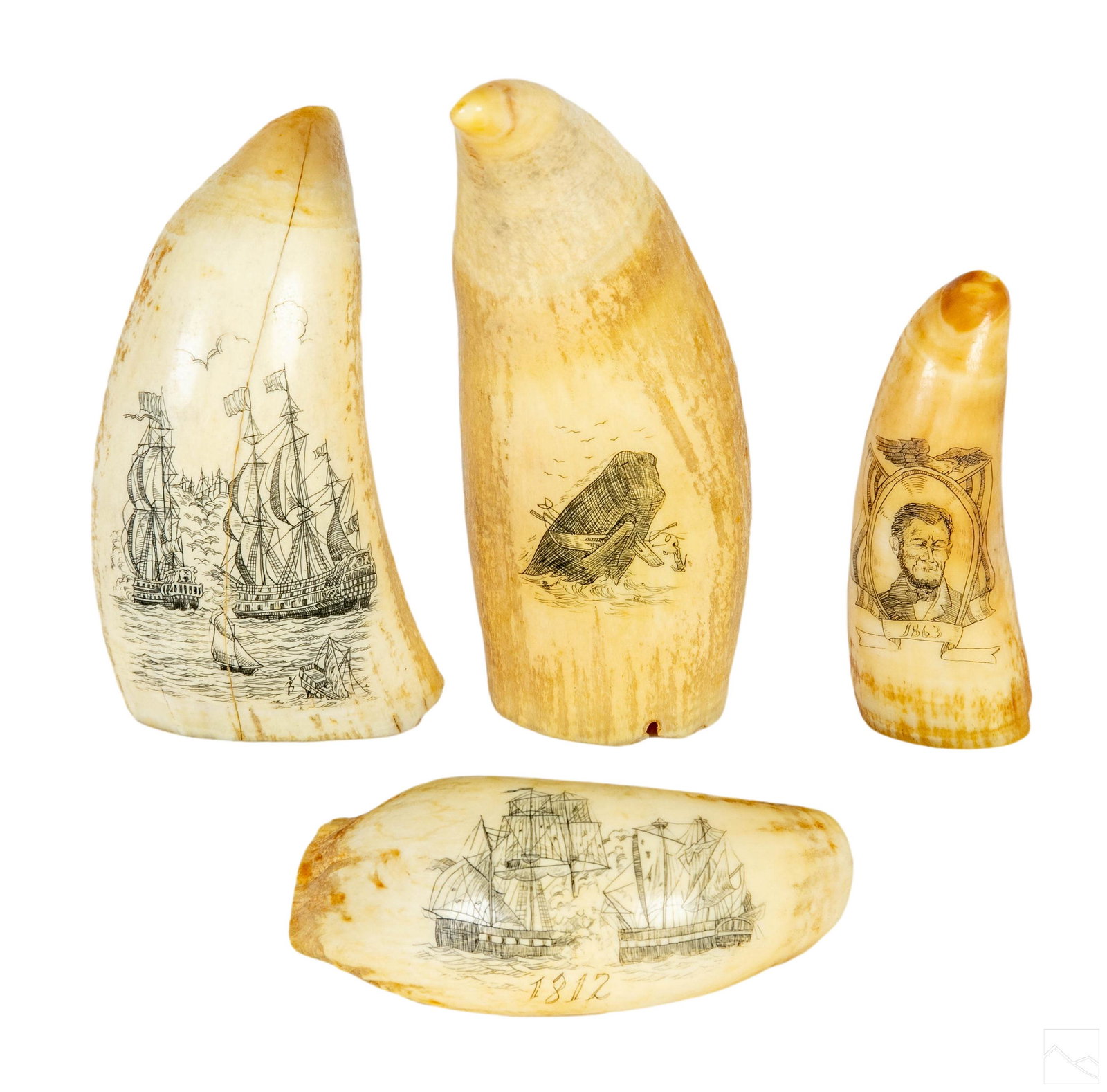 Natural History Scrimshaw Whales Tooth Sculptures: An estate collection of four (4) vintage to antique whale tooth carvings. Organic material hand carved with wildlife, sailing ship, and figural designs. Rounded, irregular tusk shapes with off-white t