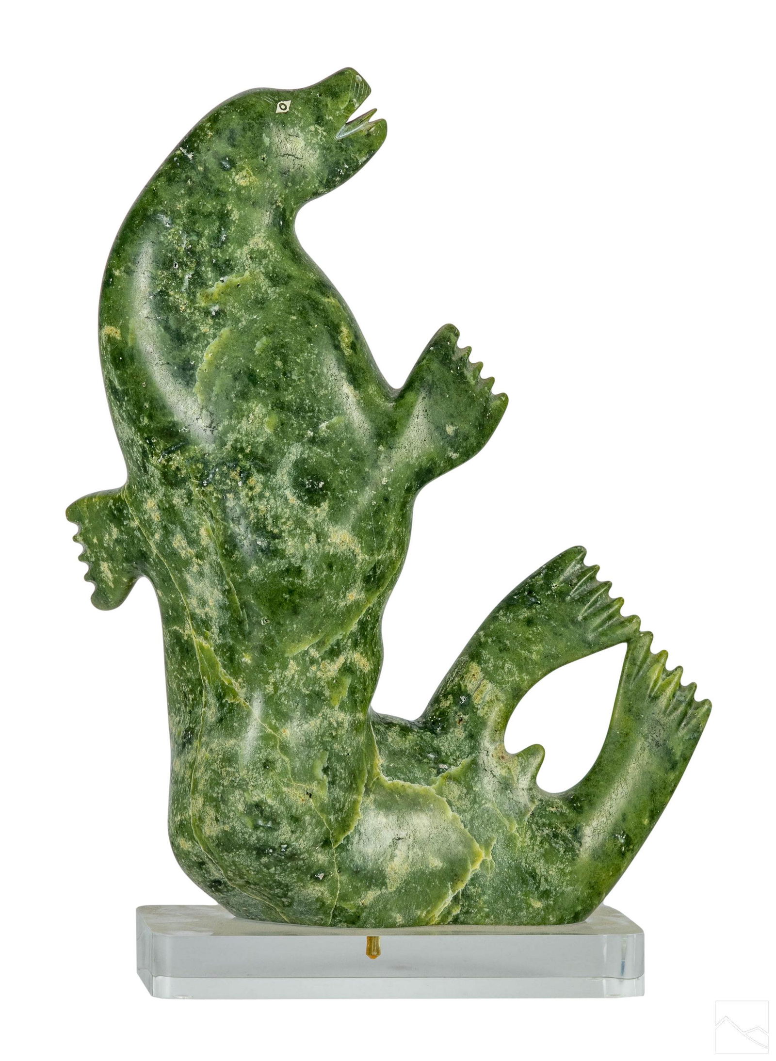 Native Inuit Carved Dark Green Jade Seal Sculpture (1 of 5)