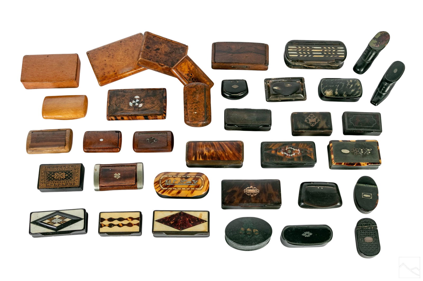 Wood, Bone & Tin Antique Snuff Box 35pc Collection: An estate collection of 35 snuff boxes. Produced in various materials, including tin, wood, and bone. Some are figural in the shape of shoes. Assorted periods and materials. Largest measures 2.5" x 2"