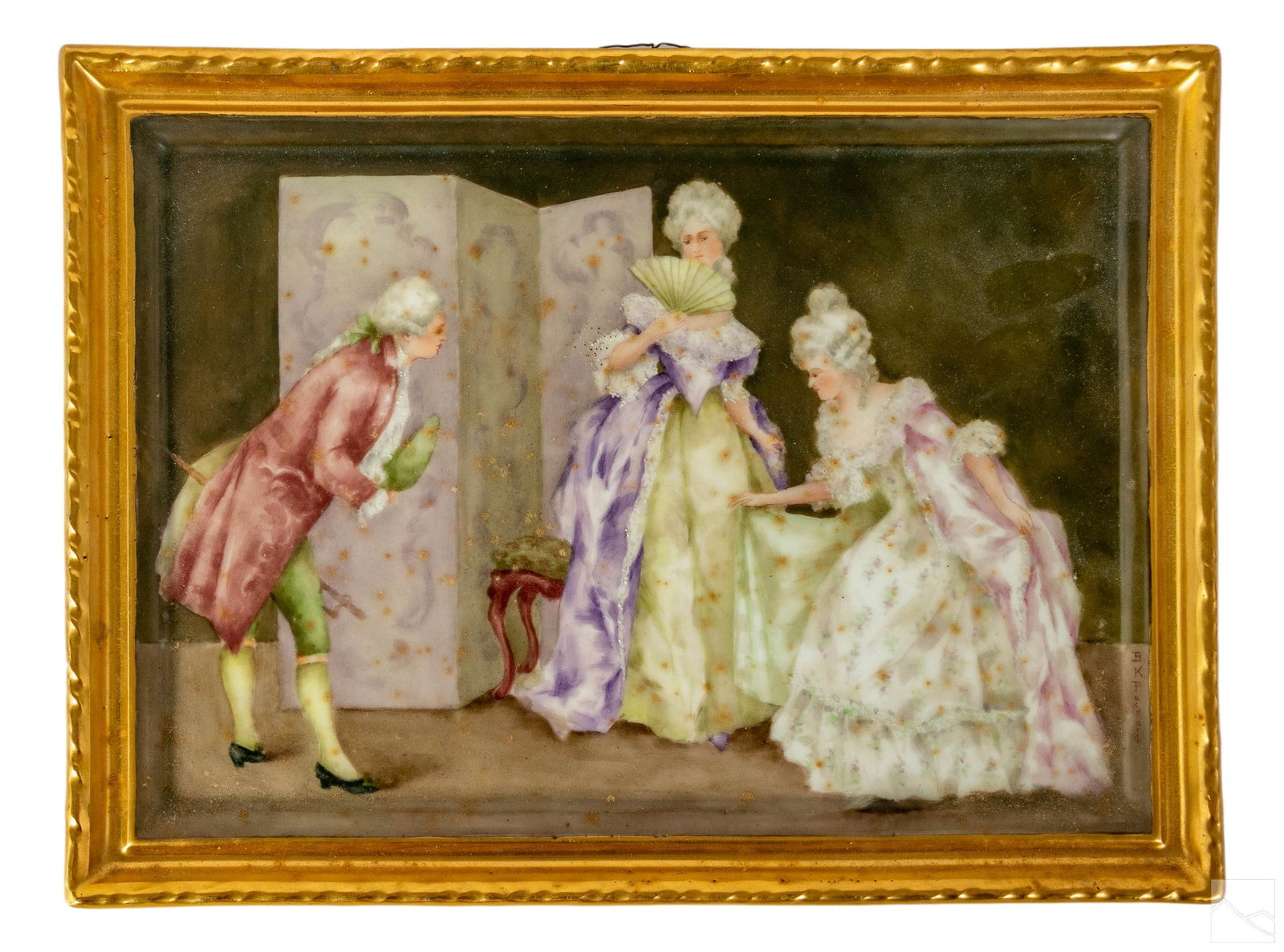 Victorian Antique Figural Painted Porcelain Plaque: An antique porcelain decorative plaque Titled, "The Matchmaker." A figural painted scene with Baroque style figures in a French parlor. Signed in red letters vertically to front right B.K. PACKARD, wi