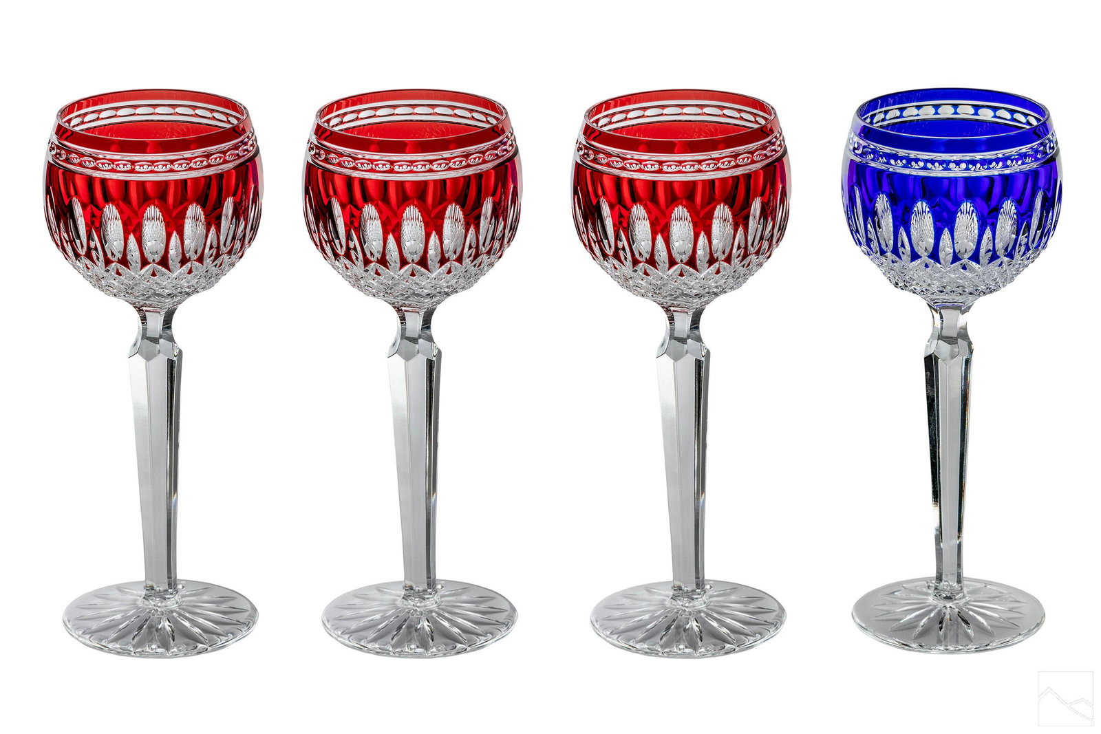 Waterford Irish Crystal Hock Wine Goblets 4pc SET: A set of four (4) Waterford Irish crystal stemware hock wine glass goblets. Two each in the Clarendon Ruby and Clarendon Cobalt patterns, characterized by dramatic olive and strawberry cuts. All havin