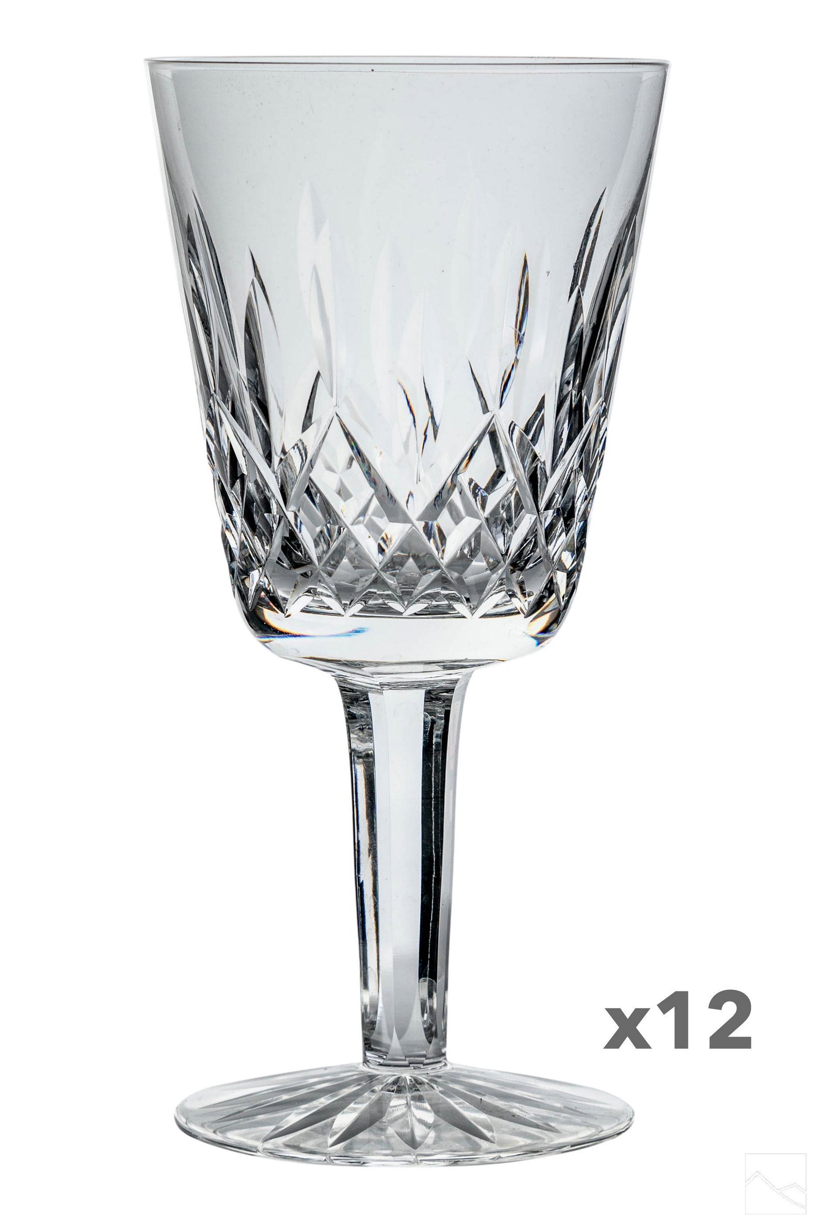 Waterford Crystal Lismore Claret Wine Glass SET 12: An estate collection with a set of 12 Waterford Irish crystal claret wine glasses in the Lismore pattern. Each signed with Waterford acid stamp. Dimensions: 5.8 X 3 X 3 in. Condition: Good overal