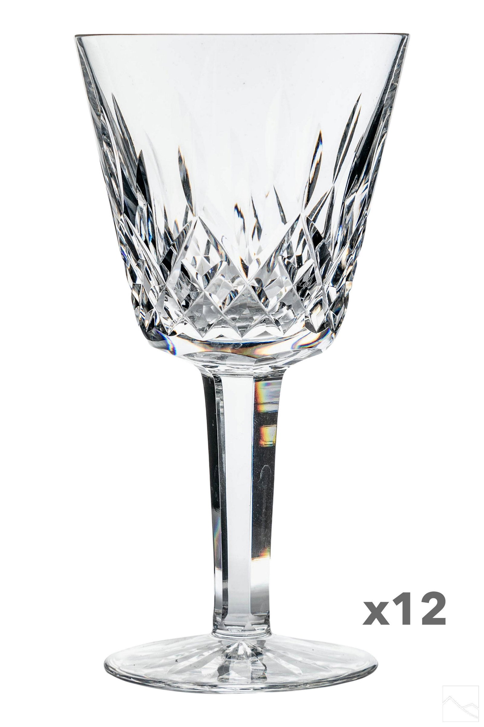Waterford Irish Crystal Lismore Water Wine Goblets: An estate collection with a set of 12 Waterford Irish crystal water goblets in the Lismore pattern. Each signed with Waterford acid stamp. Dimensions: 6.8 X 3.5 X 3.5 in. Condition: Good overall