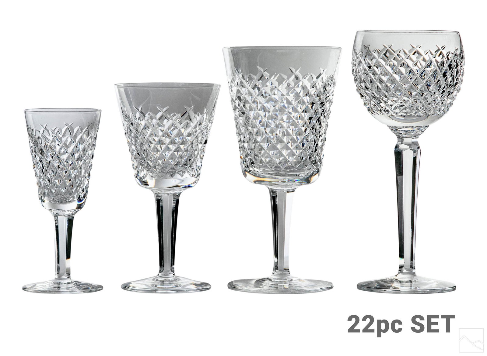Waterford Crystal Stemware Water Wine Goblets LOT: An estate collection of 22 pieces of Waterford Irish crystal. Includes: six (6) large goblets with inward curving bodies (6.75" x 3.25" x 3.25"); six (6) large hock wine goblets with outward curving b