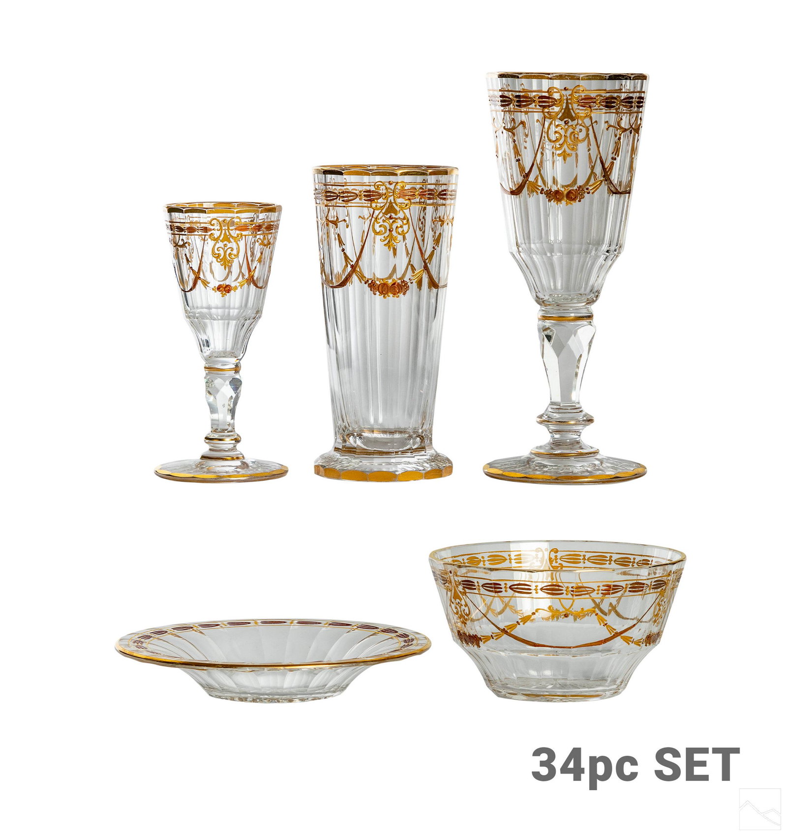 Baccarat French Style Crystal Goblets & Bowls 42pc: An estate collection with 42 pieces of French crystal. Gold gilt service ware, including: 8 bowls (2.5" x 4.75" x 4.75"); 8 underplates (1" x 6" x 6"); 11 sherry cordial goblets (5" x 2" x 2"); 8 wate
