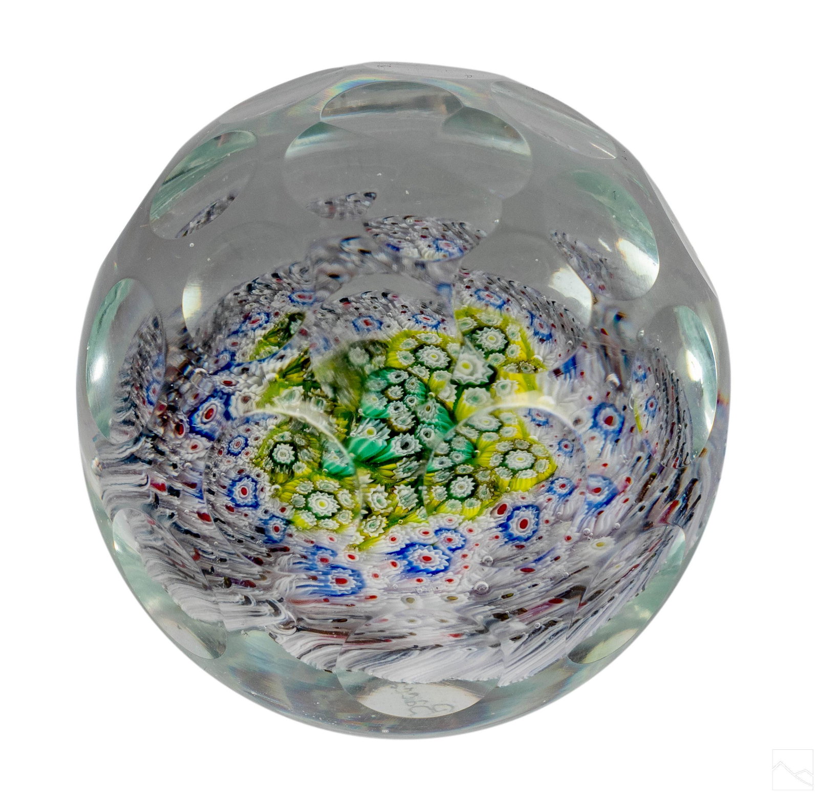 Baccarat French Crystal Millefiori Glass Sculpture: A Baccarat French crystal paperweight sculpture. Clear glass exterior with dimpled surface, and exquisite sommerso (submerged) millefiori floral decoration, Etched to underside BACCARAT. Dimensions: 2