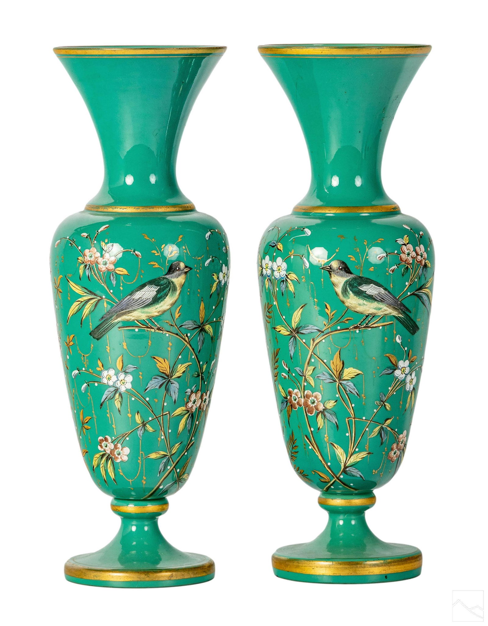 Bohemian Green Enameled Opaline Glass Floral Vases (1 of 6)
