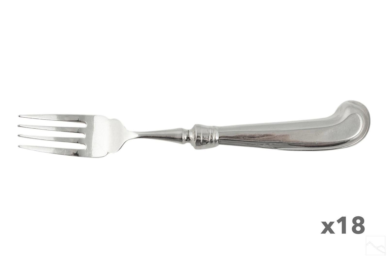 Douglas Lorie SilverPlate Pistol Grip Dinner Forks: An estate assembled set of 18 silver plated forks. Pistol grip style forks. Matching forks assembled from various makers. Nine forks without manufacture mark and nine with varying manufacture mark. Di