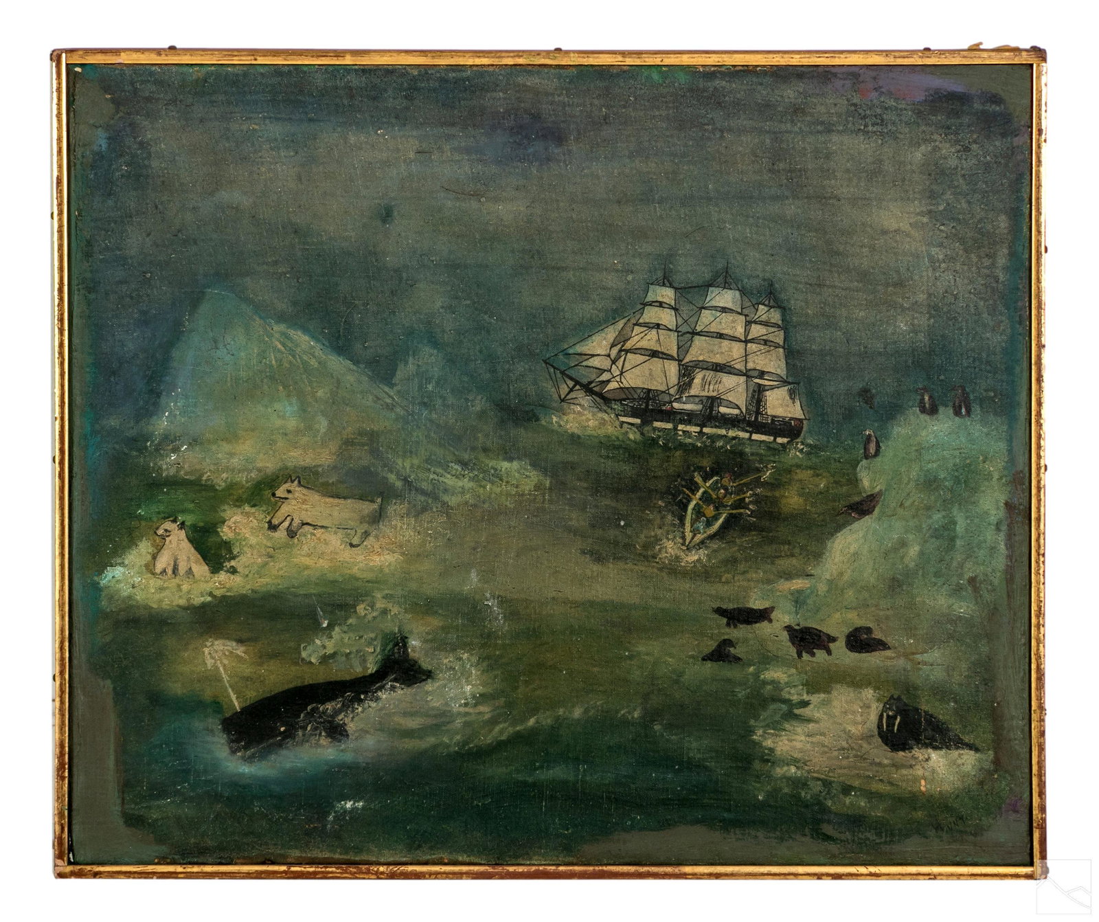 Whale Hunt Folk Art Figural Landscape Oil Painting: Mystery Artist (Early to Mid 20th Century). An original oil painting on canvas. A figural work produced in a self taught naive folk art style. An Arctic sea landscape depicting a whale hunt, with glac