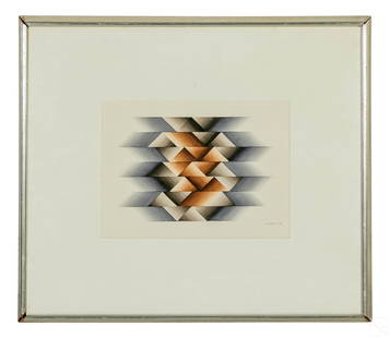 Sewell Sillman 1924-1992 Kinetic Op Art Painting: Sewell Sillman (American, 1924-1992). An original mixed media pencil and watercolor painting. A kinetic Optical Art style work, with geometric pattern, ombre effect triangles, and chevrons with brown,