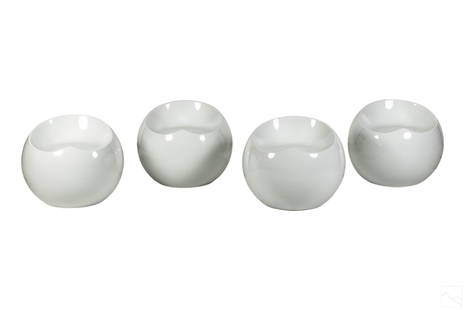 Space Age White Ball Chairs Manner Of Finn Stone: An estate collection of four contemporary and eccentric white indoor and outdoor Ball Chairs, produced in the manner of Finn Stone (English, born 1971). Made of recycled injection-molded plastic coate