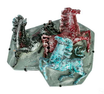 San Polo Glazed Venetian Ceramic Horse Plaque: A late 20th Century Italian art pottery hanging relief plaque statue. Hand decorated ceramic interior decor in high raised relief. Modeled as colorful Modern equine three horse forms, over a gray poly