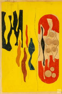 Richard Filipowski 1923-2008 Modernist Painting: Richard Filipowski (American, 1923-2008). An original gouache painting on paper, mixed media abstract work. Features three dimensional forms laid on painted geometric patterns. Artist monogram and dat