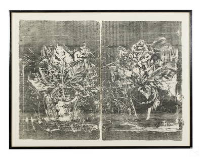 Jim Dine b.1935 JERUSALEM PLANT #3 Woodcut SIGNED: Jim Dine (American, born 1935). A diptych still life woodcut art print on paper with deckled edge. Titled, "The Jerusalem Plant #3". Artist signature, numbered, and dated to lower right JIM DINE 4 of