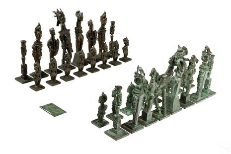 J James Akston 1898-1983 Abstract Bronze Chess Set: Joseph James Akston (American, 1898-1983). An estate collection with a 32 piece chess set comprised of bronze sculptures. Produced 1980. Modernist figural works depicting nude abstract figures. Each