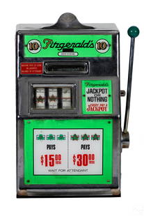 Jennings JACKPOT OR NOTHING Coin Slot Game Machine: A "One Armed Bandit" Jackpot Or Nothing coin operated slot machine, manufactured by Jennings and Company (Chicago), circa 1970s, for Fitzgerald's Gaming (Nevada). Mixed media with chrome metal and