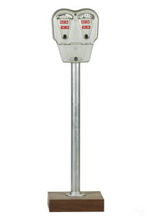 Dual One Hour Coin Operated Parking Meter Machine: A 20th Century two car coin-operated city municipal parking meter machine, produced by Dual Parking Meter Company (Oklahoma City). Cast metal case body surmounting a vertical steel cased pole. Mounted