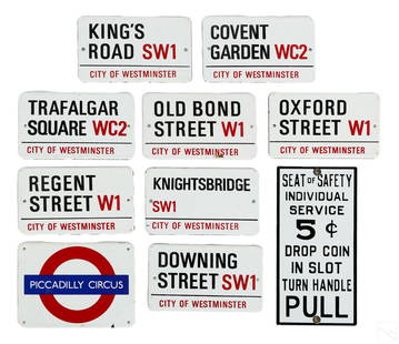 Garnier & Co 10 Enameled Metal London Street Signs: An estate collection with 10 enameled metal street nameplate signs, including nine (9) vintage mid 20th Century City of Westminster (London) street and London Underground (subway tube) station signs,