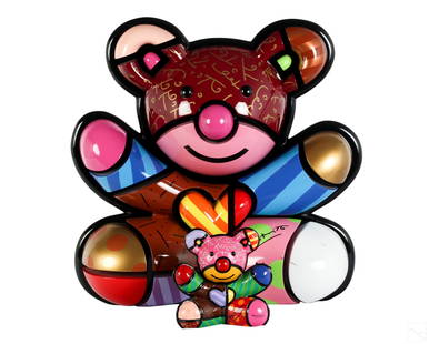 Romero Britto b1963 Cubist Pop Art Bear Sculptures: Romero Britto (Brazilian, born 1963). An estate collection with two (2) modern Cubist Pop Art bear statues, produced in vibrantly colored geometric patterns. Includes: one (1) mixed media acrylic