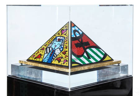 Romero Britto b.1963 Pop Art Pyramid Statue & Case: Romero Britto (Brazilian, born 1963). A Modern Cubist Pop Art sculpture, titled "Pyramid In Hyde Park". Vibrantly colored geometric patterns on pyramid formed structure. Accompanied with plexiglass