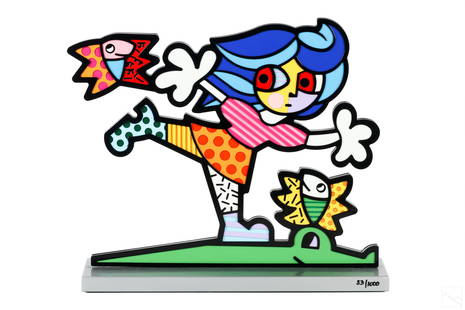 Romero Britto b.1963 Cubist Pop Art Figural Statue: Romero Britto (Brazilian, born 1963). A mixed media acrylic sculpture. Produced in vibrantly colored geometric patterns. Titled "Flying Fish". A whimsical modern Cubist Pop Art depiction of a young