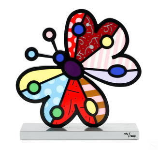 Romero Britto b.1963 Cubist Pop Art Figural Statue: Romero Britto (Brazilian, born 1963). A mixed media acrylic sculpture in vibrantly colored geometric patterns. Titled "Garden Butterfly." A colorful modern Cubist Pop Art work. Artist signed on